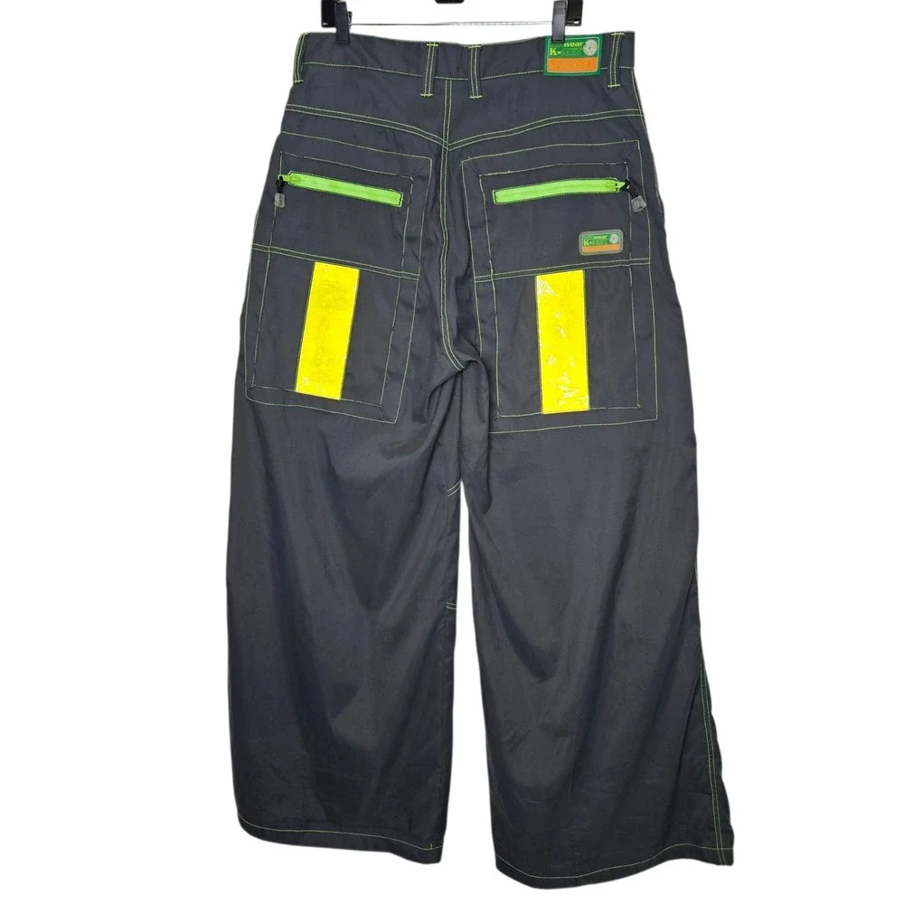 Kikwear Vintage 90s Y2k Wide Leg Rave Baggy Pants Neon Reflective Skater Rare 38